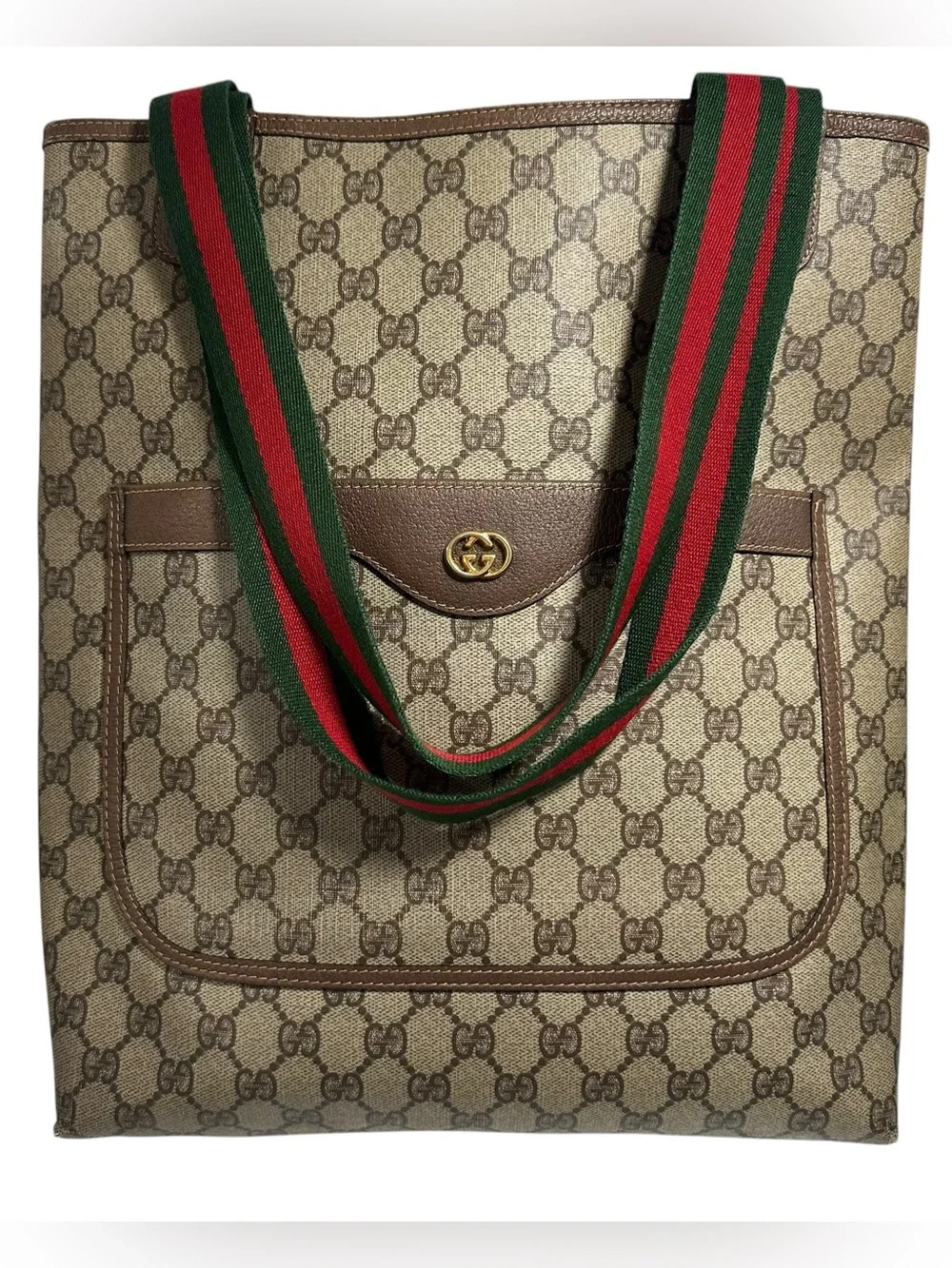 Gucci GG Supreme Canvas & Brown Leather Red Green Sherry Stripe Vintage Tote Bag